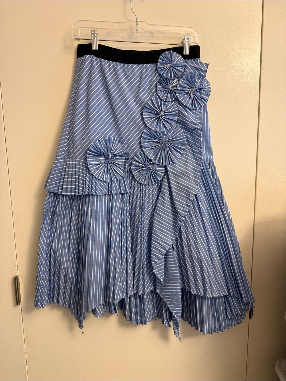Joie Blue and White Striped A-Line Midi Skirt with Floral Rosettes